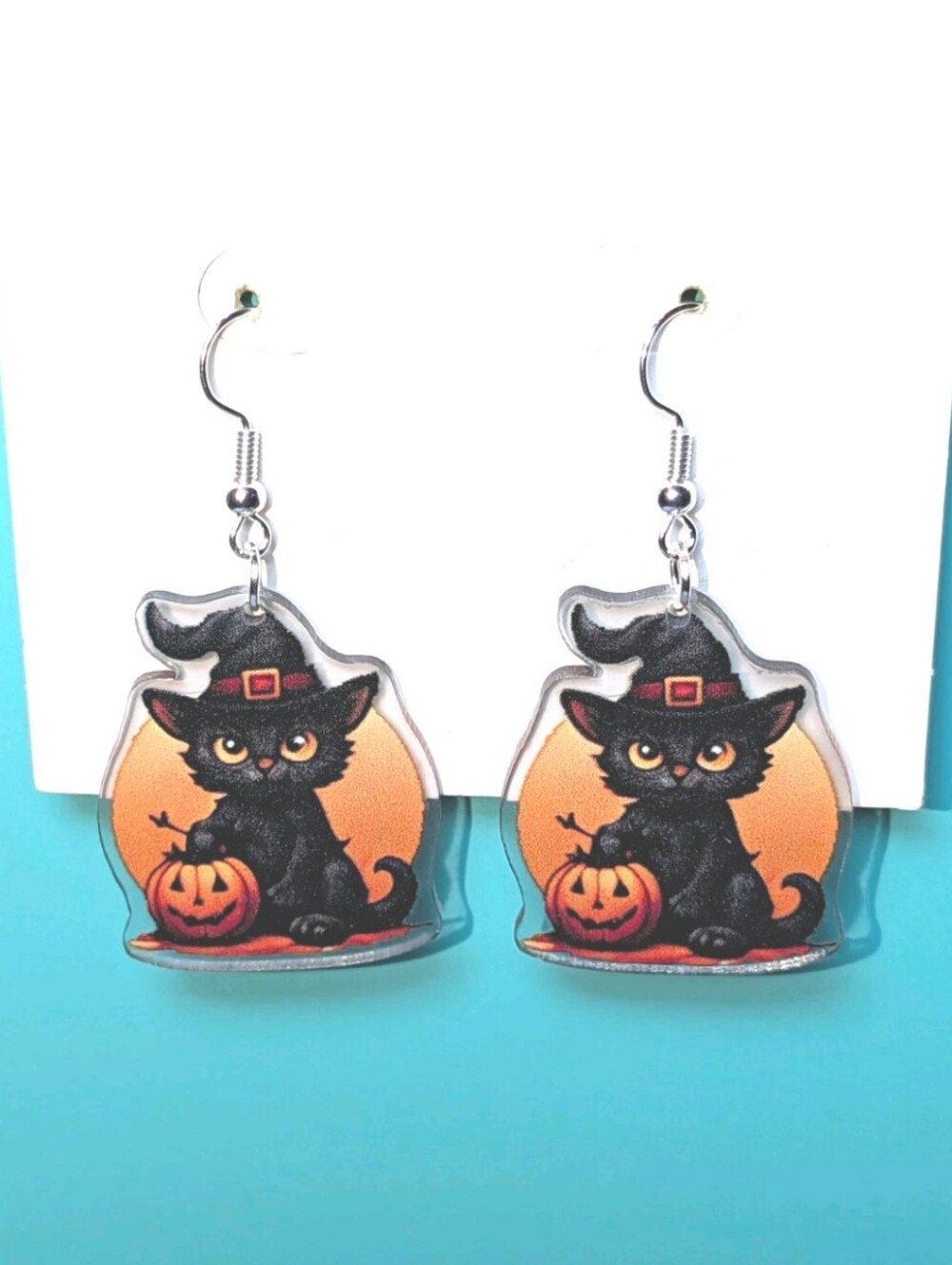 Hand Crafted Black Cat Witch Earrings - Black & Orange